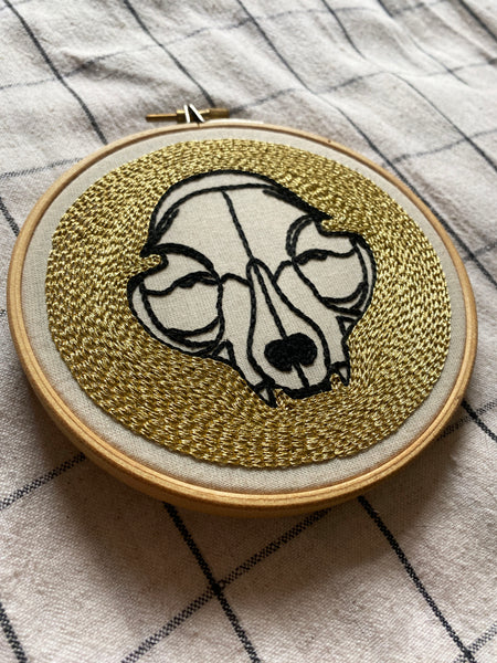 Metallic Gold Cat Skull Embroidered Hoop