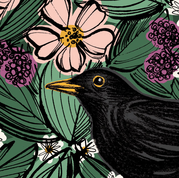 Blackbird Hedgerow Print - A3